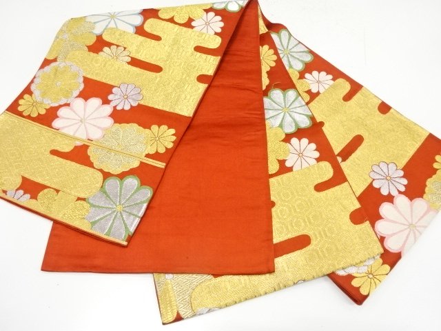  アンティーク　ヱ霞に菊模様織り出し袋帯（材料）